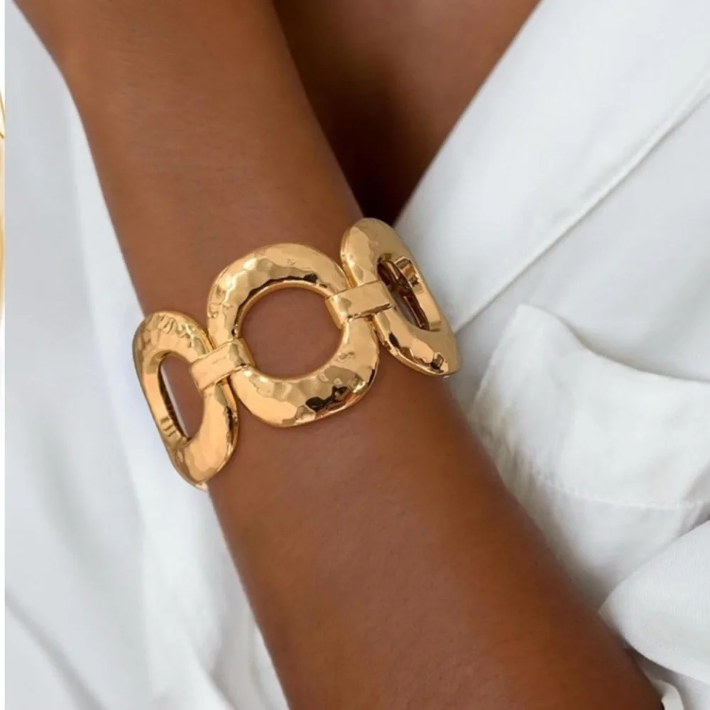 24k Gold Plated Hammered Link Statement Bracelet new